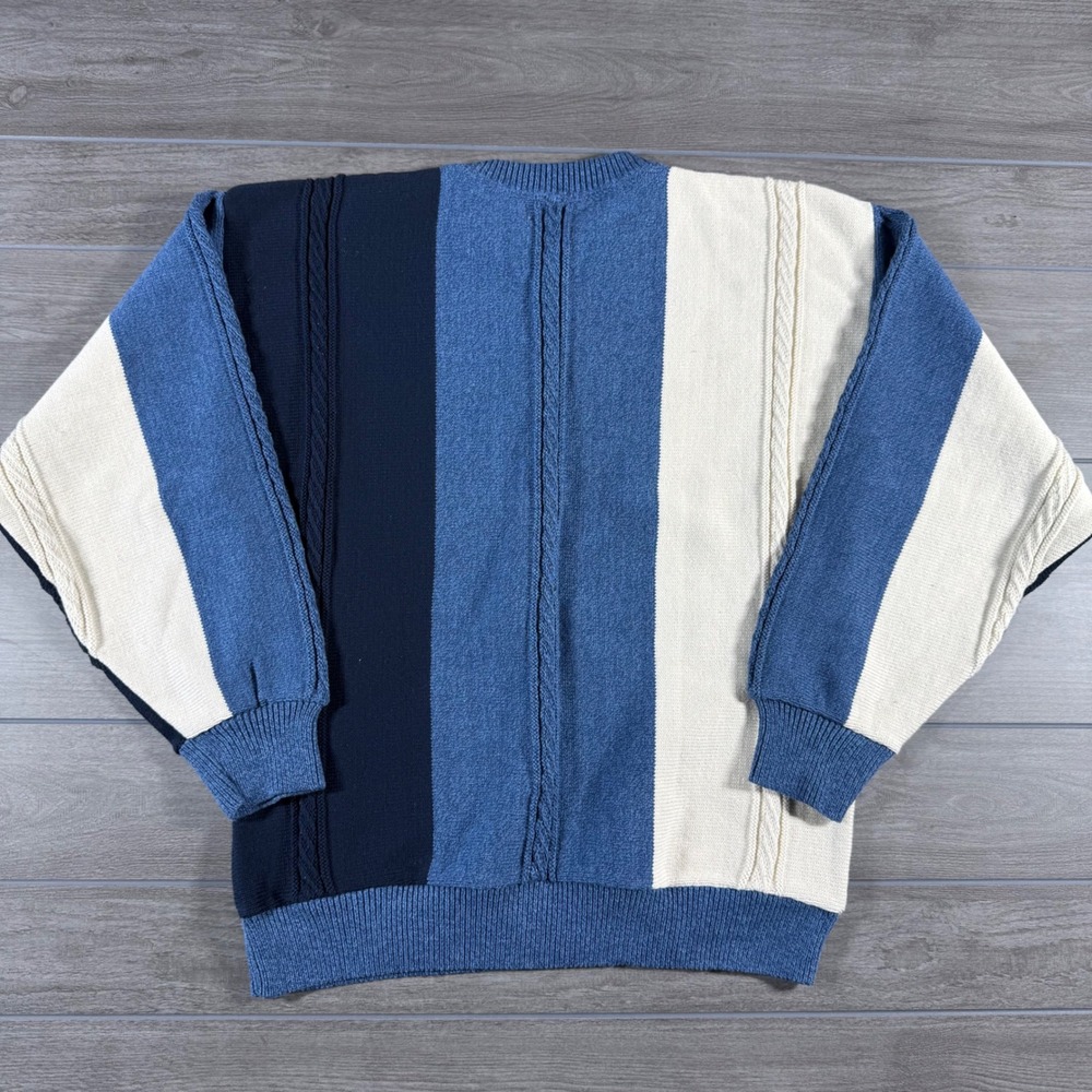 Kenneth Roberts Sweater Medium Blue Vintage Colorblock Cable Knit Cotton - Picture 2 of 6